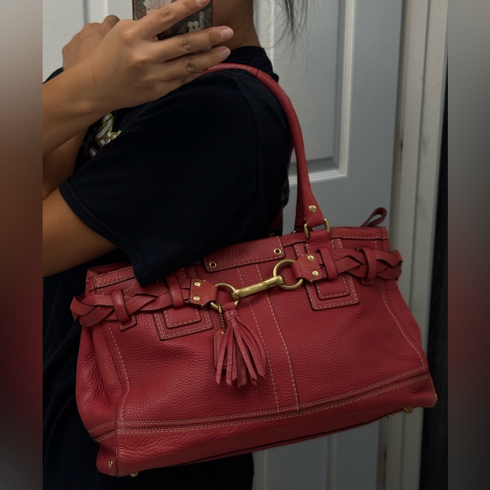 Coach Y2K Hampton Red Pebbled Leather Carryall Satchel Tote Shoulder Bag - Picture 12 of 15